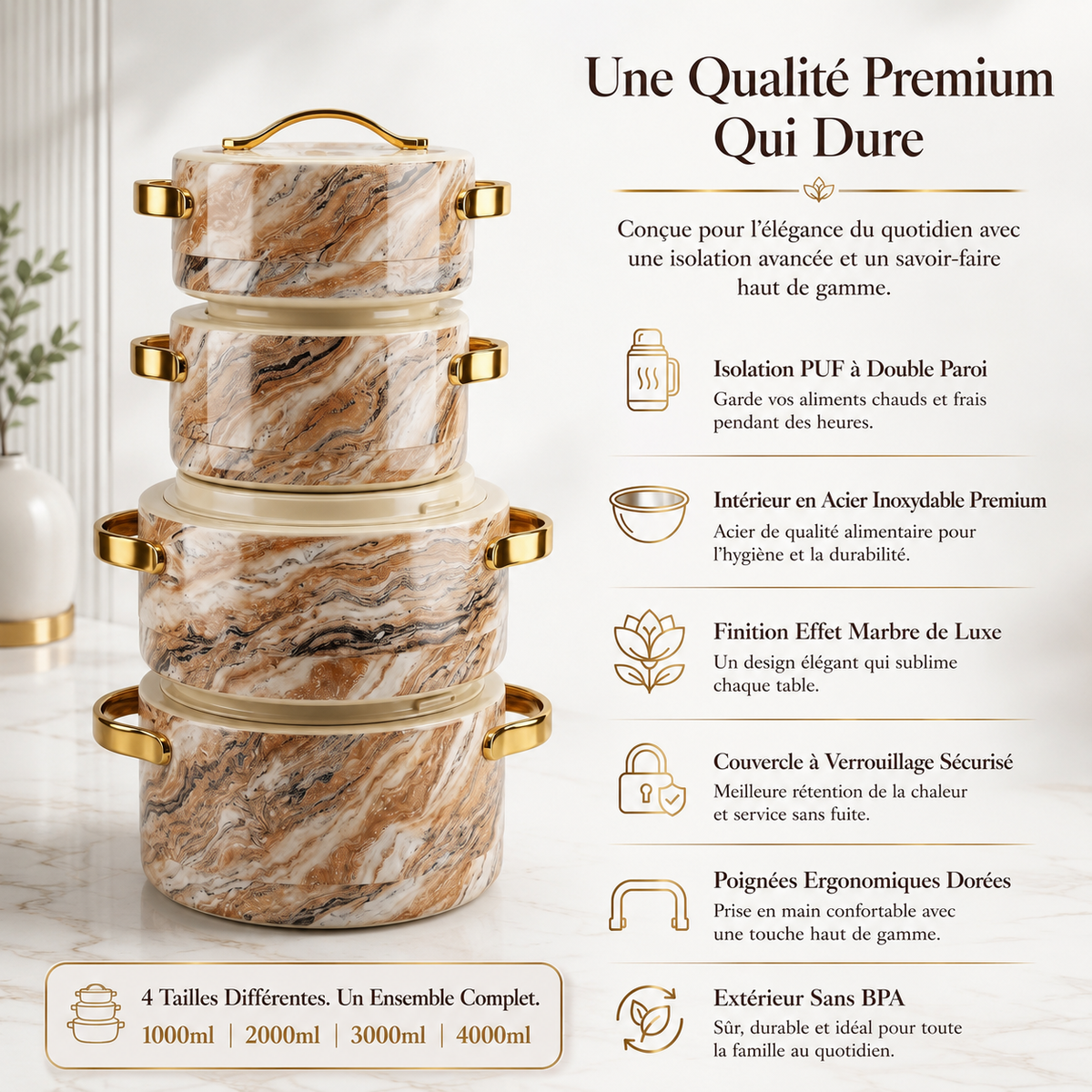 Ensemble de Marmites Isothermes Peblina Premium Effet Marbre – 4 Pièces