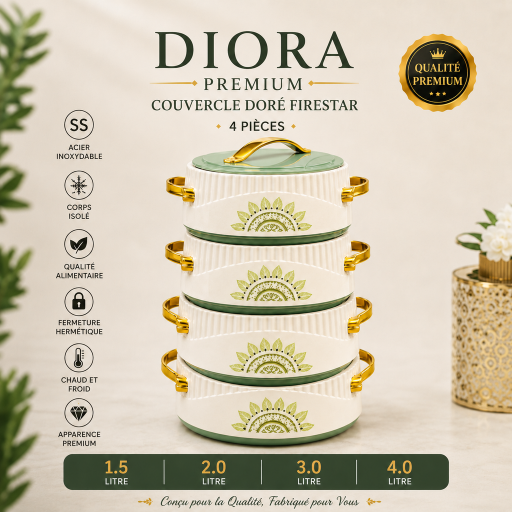 Diora – Ensemble Premium de 4 Hotpots Isothermes (1500 ml à 4000 ml) | Conservation Longue Durée de la Chaleur | Amexa Kitchenware